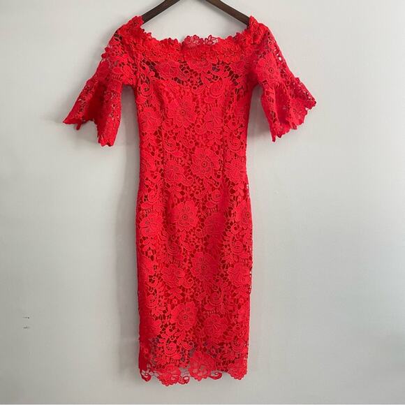 Paper Dolls | Women’s Red Crochet Lace Bardot Dress Off Shoulder Party Cocktail - Picture 5 of 15